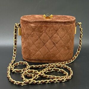 Vintage COMECO Brown Suede Leather Quilted Chain Vanity Bag